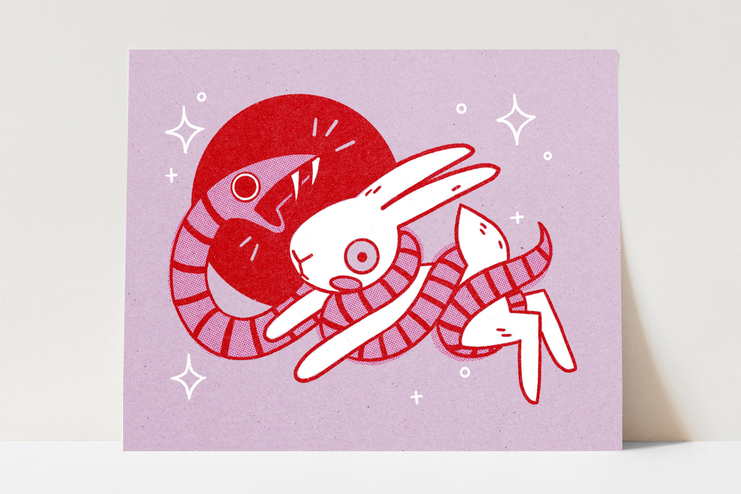 Print of an illustration of a snake fighting a bunny rabbit