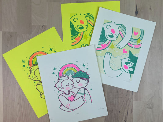 A collection of three color RISO prints around LGBTQ+ love