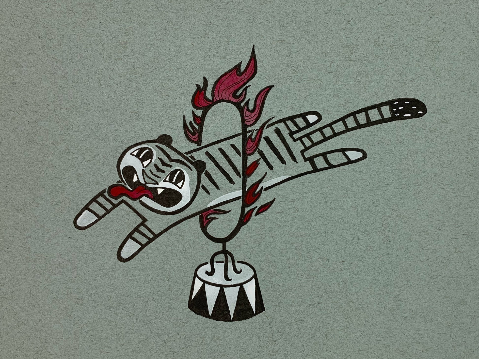 Original illustration of a tiger with a long tongue sticking out as they jump through a circus style ring of fire. Made using ink, watercolor, and gouache.