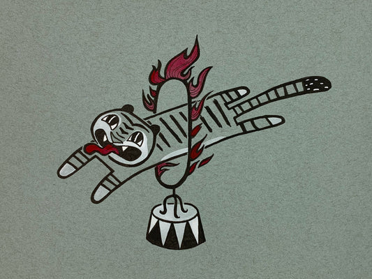 Original illustration of a tiger with a long tongue sticking out as they jump through a circus style ring of fire. Made using ink, watercolor, and gouache.