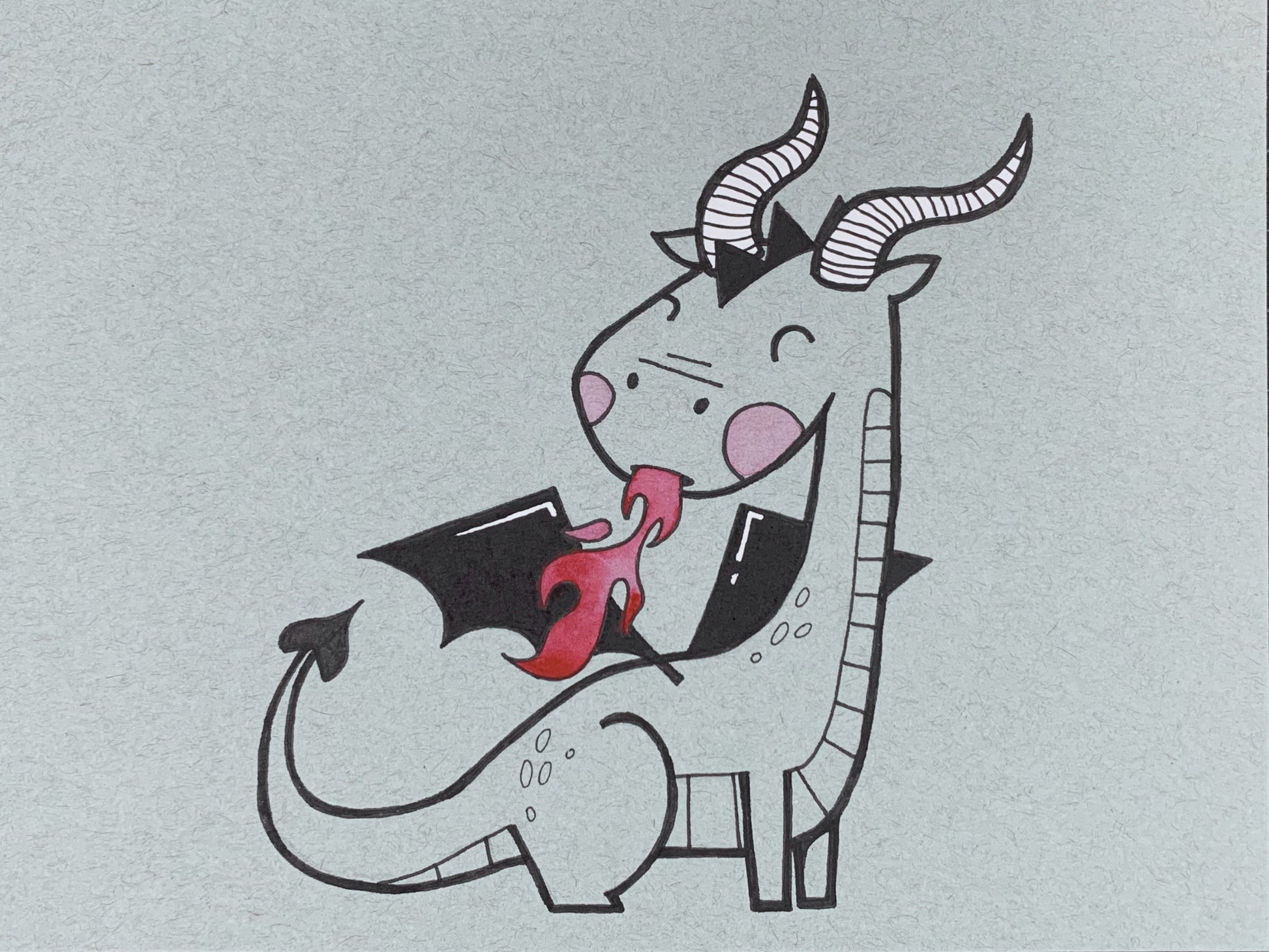 Original illustration of a cute dragon with pink cheeks, horns, and wings that is breathing fire. Made using ink, watercolor, and gouache.