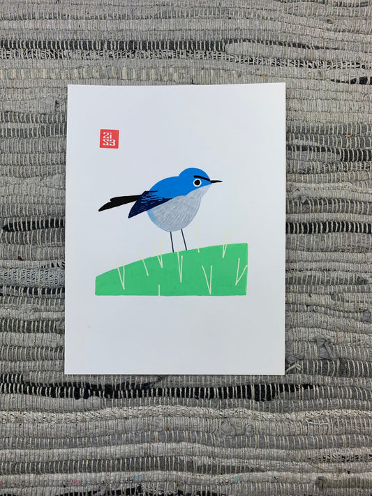 Original artwork of a little angry bird with funny looking "eyebrows" standing on a cactus.