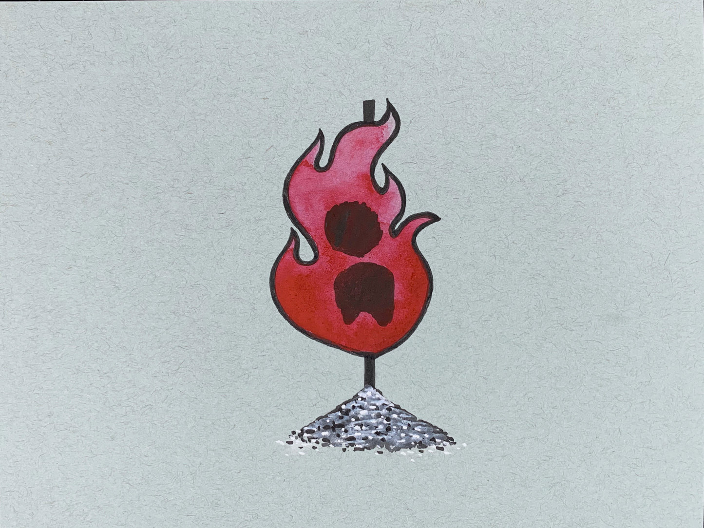 Original illustration of a burning flame engulfing a torso of a witch that's been tied to a stake and ashes below. Made using ink, watercolor, and gouache.