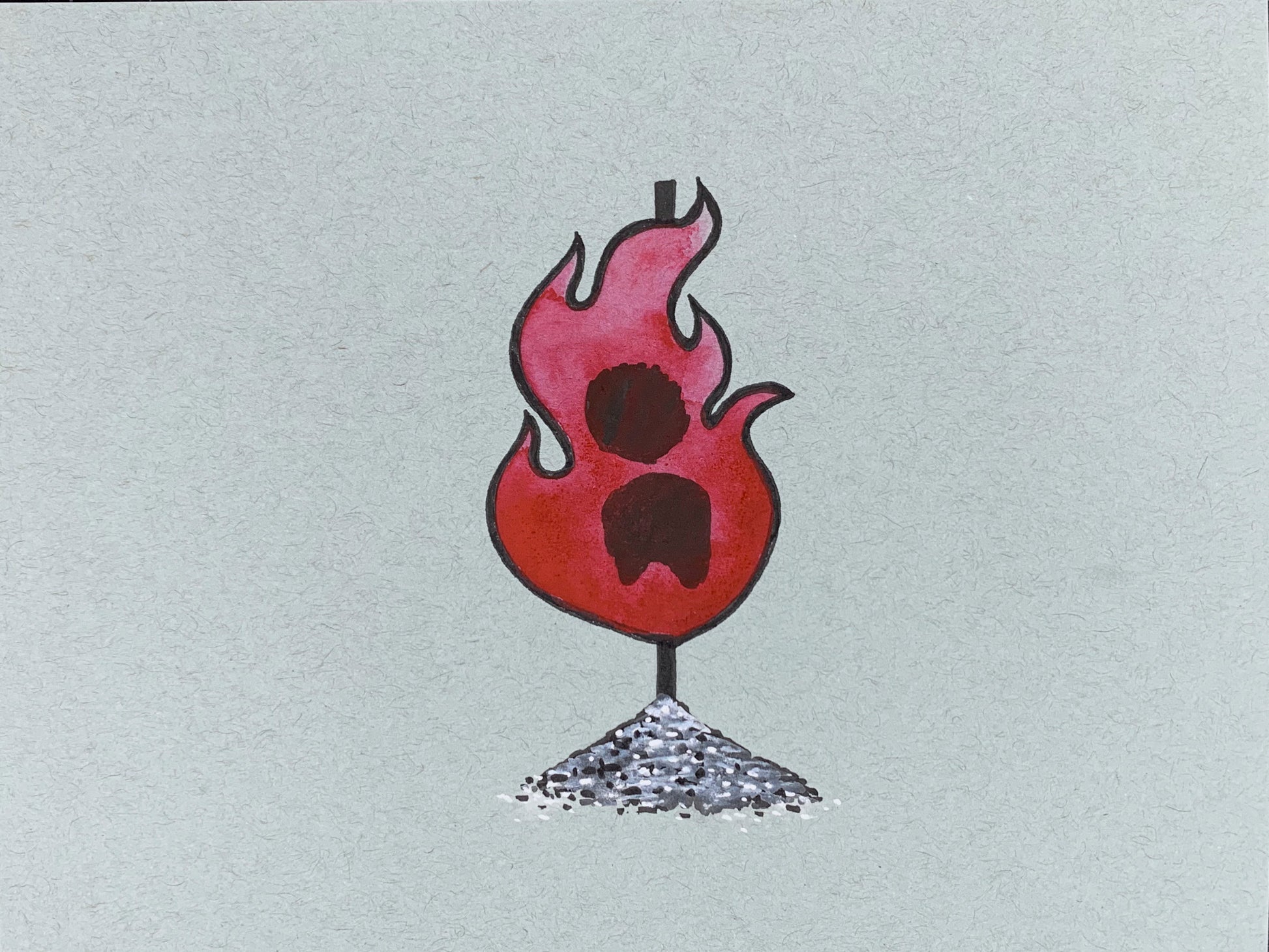 Original illustration of a burning flame engulfing a torso of a witch that's been tied to a stake and ashes below. Made using ink, watercolor, and gouache.