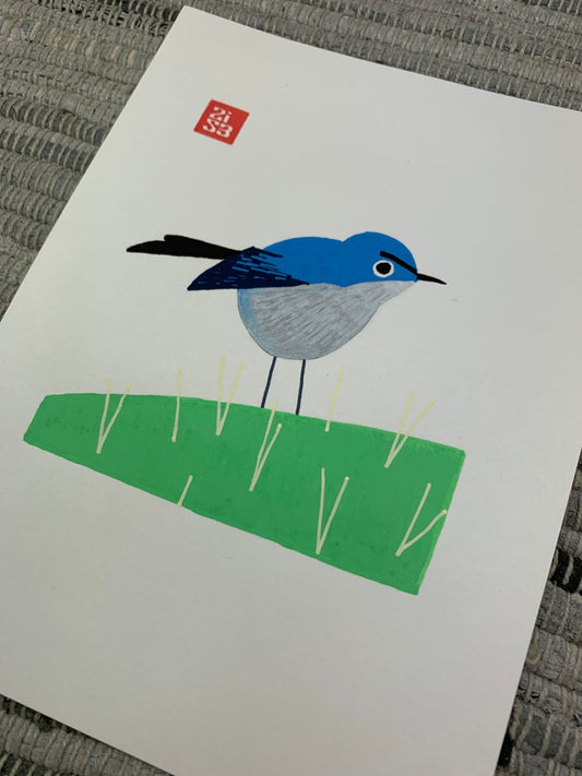 Original artwork of a little angry bird with funny looking "eyebrows" standing on a cactus.