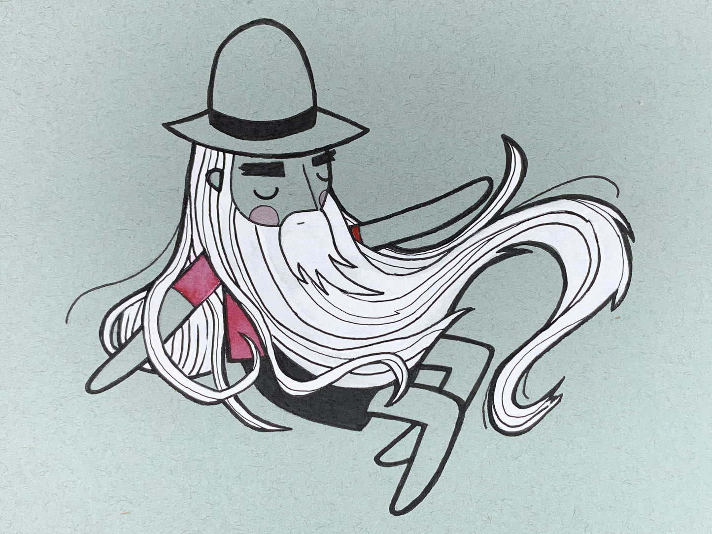 Original illustration of a sleeping Rip Van Winkle like man with a long white beard. Made using ink, watercolor, and gouache.