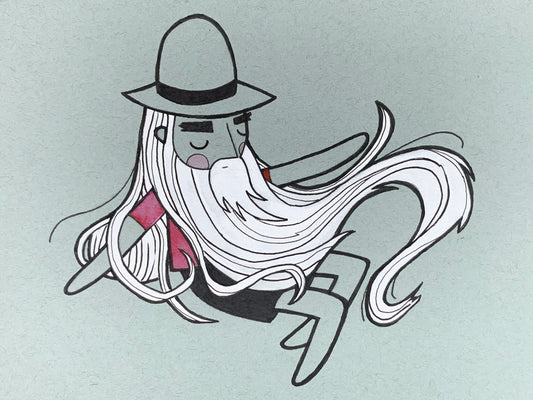 Original illustration of a sleeping Rip Van Winkle like man with a long white beard. Made using ink, watercolor, and gouache.