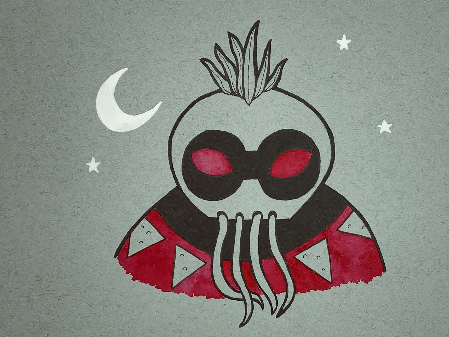 Original illustration of a Hawaiian night marcher legendary warrior with a moon and stars in the background. Made using ink, watercolor, and gouache.