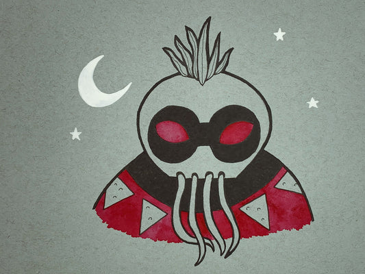 Original illustration of a Hawaiian night marcher legendary warrior with a moon and stars in the background. Made using ink, watercolor, and gouache.