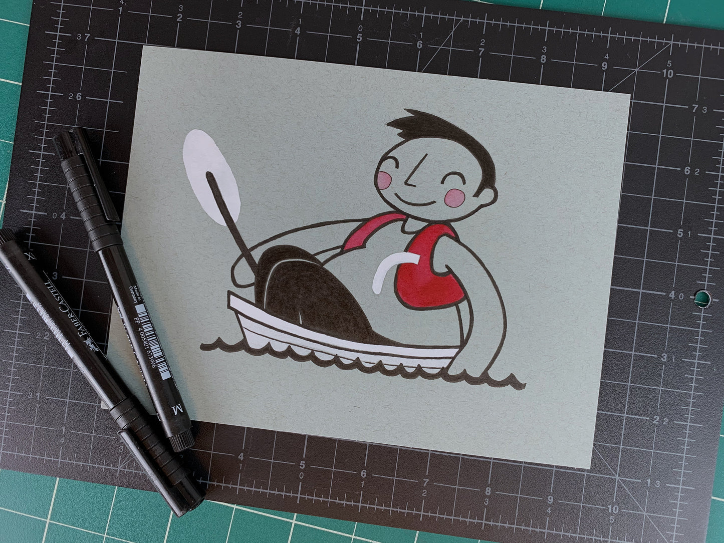 Studio shot of an original illustration of an overweight man that doesn't fit in his lifejacket sitting in a very small boat. Made using ink, watercolor, and gouache.