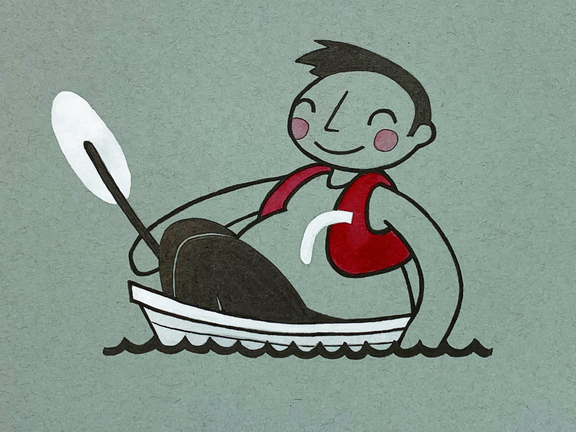 Original illustration of an overweight man that doesn't fit in his lifejacket sitting in a very small boat. Made using ink, watercolor, and gouache.