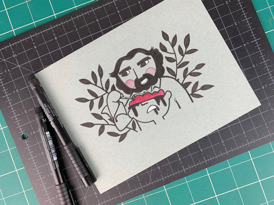 Studio shot of a fan art style illustration of Peter Jackson (from his first movie Bad Taste) as an alien eating some brains from half of a human head. Made using ink, watercolor, and gouache.