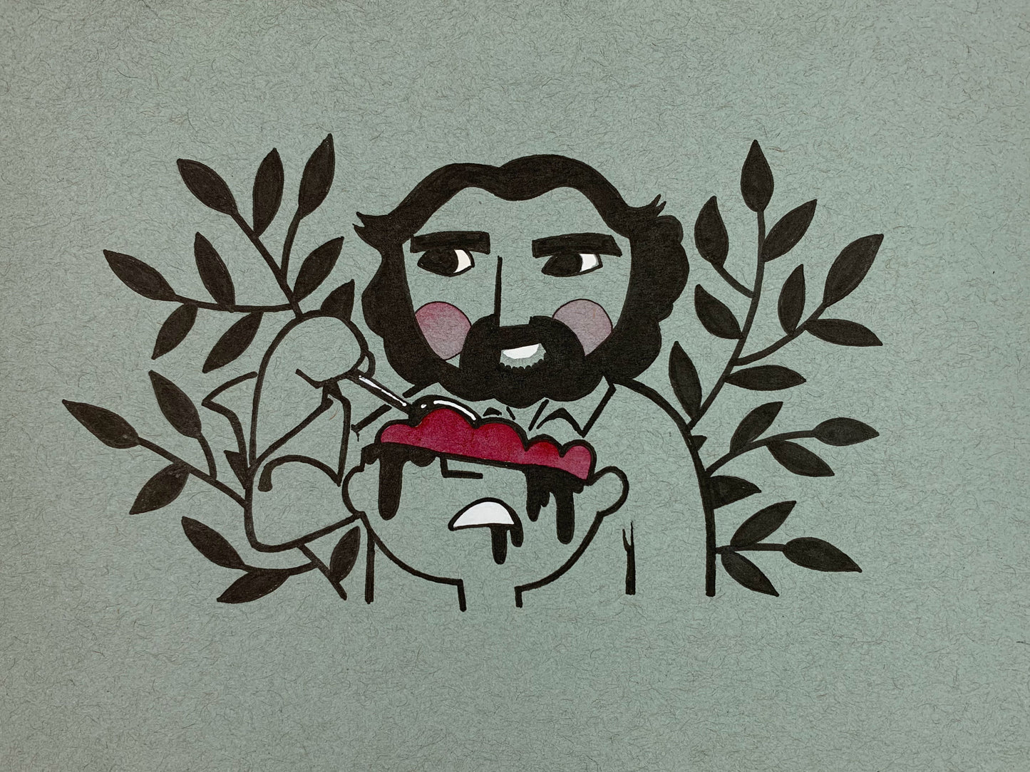 Fan art style illustration of Peter Jackson (from his first movie Bad Taste) as an alien eating some brains from half of a human head. Made using ink, watercolor, and gouache.