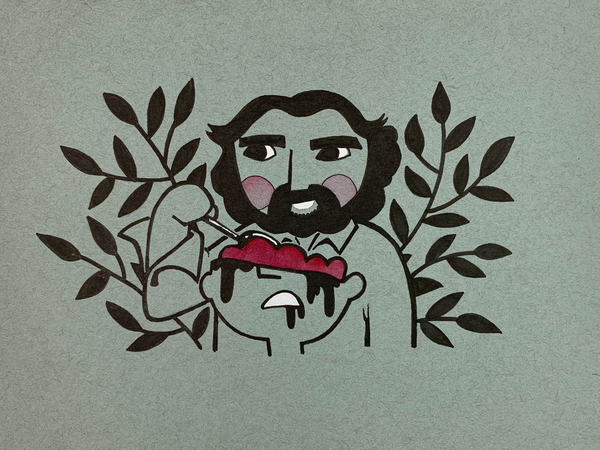 Fan art style illustration of Peter Jackson (from his first movie Bad Taste) as an alien eating some brains from half of a human head. Made using ink, watercolor, and gouache.