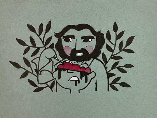 Fan art style illustration of Peter Jackson (from his first movie Bad Taste) as an alien eating some brains from half of a human head. Made using ink, watercolor, and gouache.