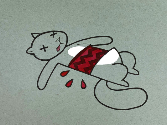 Original illustration of a dead squirrel that has a tire tread mark through it's mid-section. Made using ink, watercolor, and gouache.