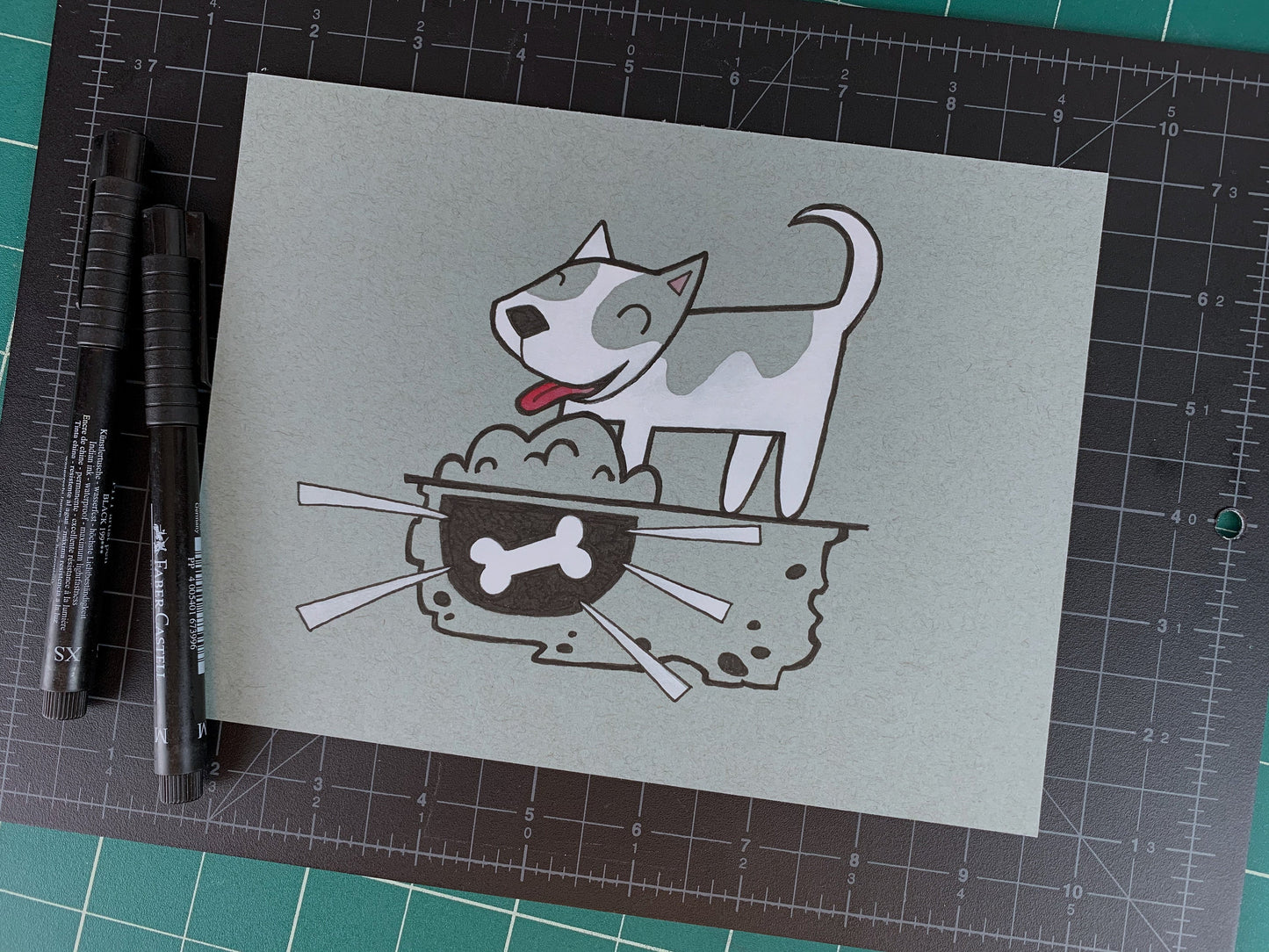 Studio shot of an original illustration of a happy dog standing over a cross-section view of the ground with a bone that's been buried. Made using ink, watercolor, and gouache.