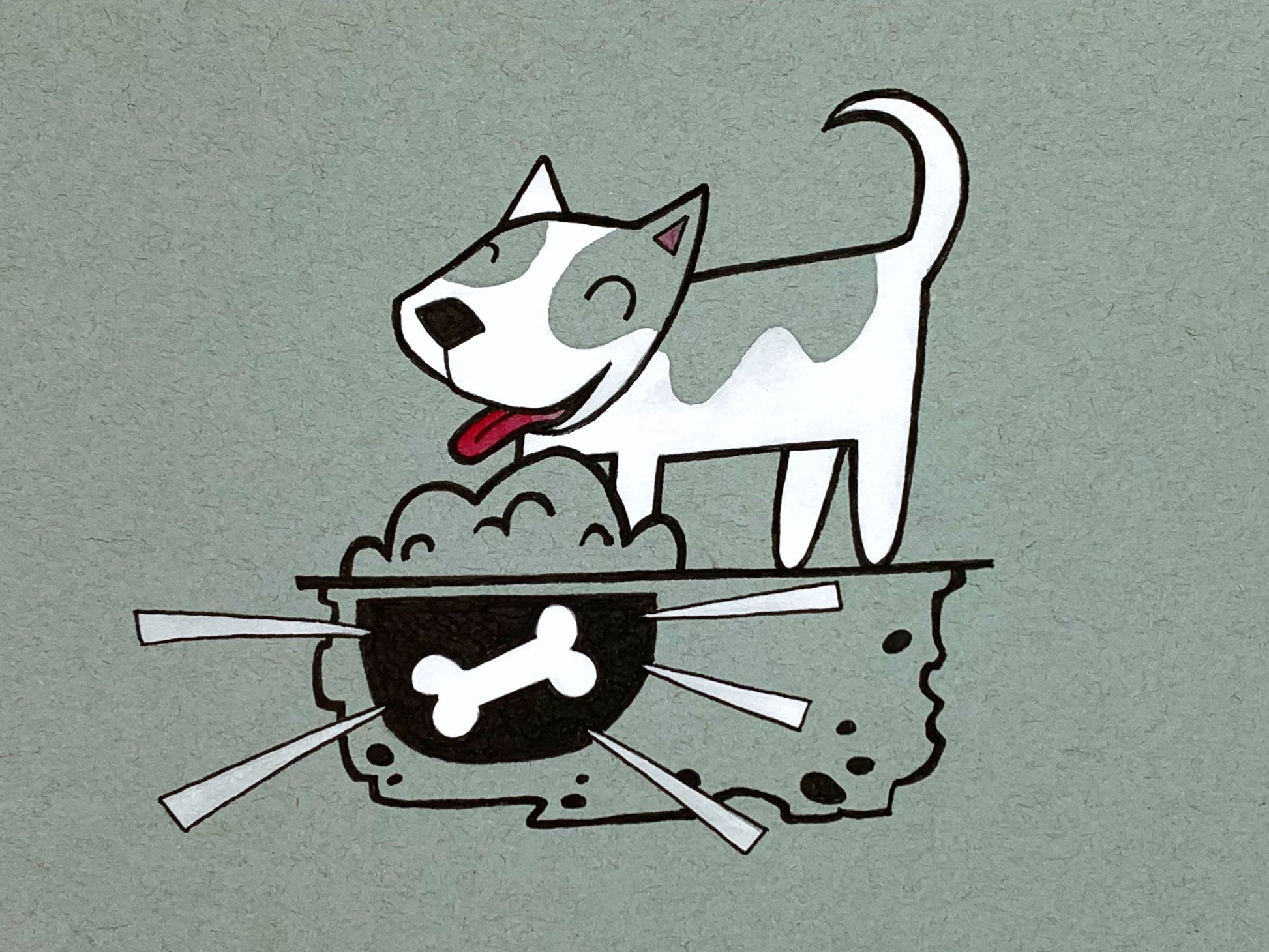 Original illustration of a happy dog standing over a cross-section view of the ground with a bone that's been buried. Made using ink, watercolor, and gouache.