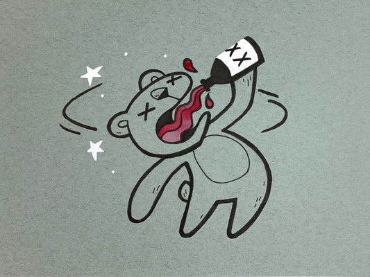 Original illustration of a cute bear getting dizzy and seeing stars while drinking from a bottle with X's on it. Made using ink, watercolor, and gouache.