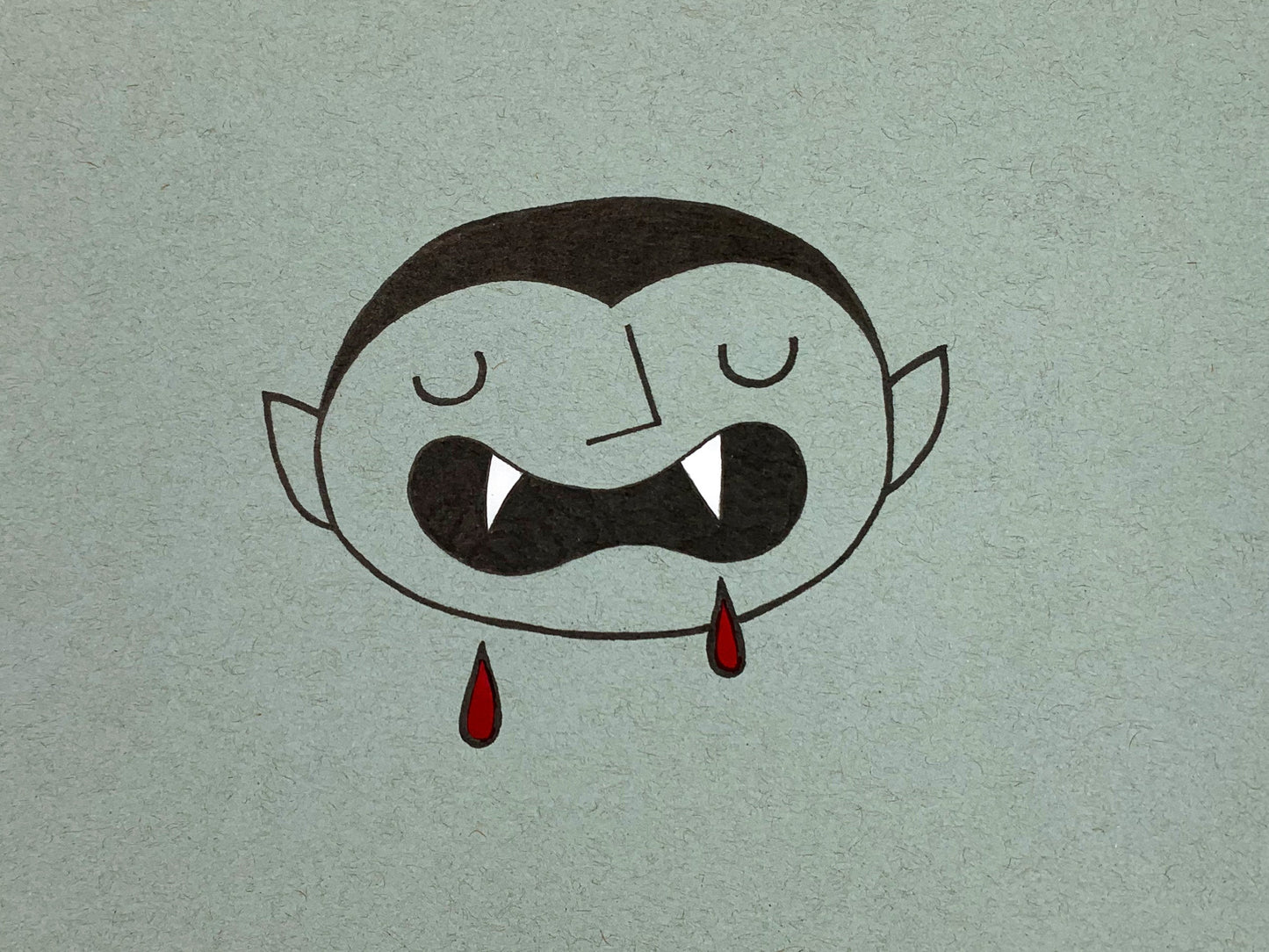 Original illustration of a cute vampire with big sharp teeth and blood drips. Made using ink, watercolor, and gouache.
