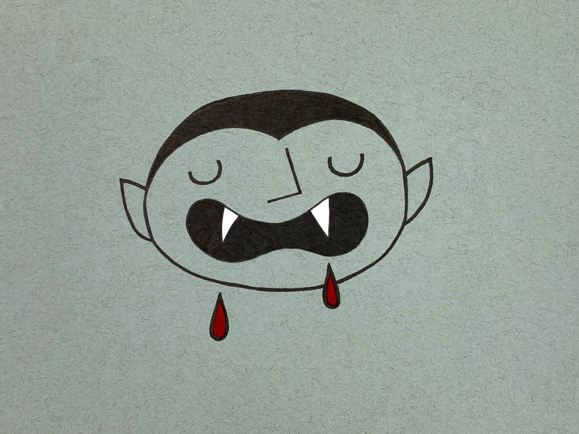 Original illustration of a cute vampire with big sharp teeth and blood drips. Made using ink, watercolor, and gouache.