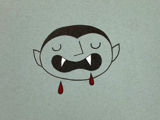 Original illustration of a cute vampire with big sharp teeth and blood drips. Made using ink, watercolor, and gouache.