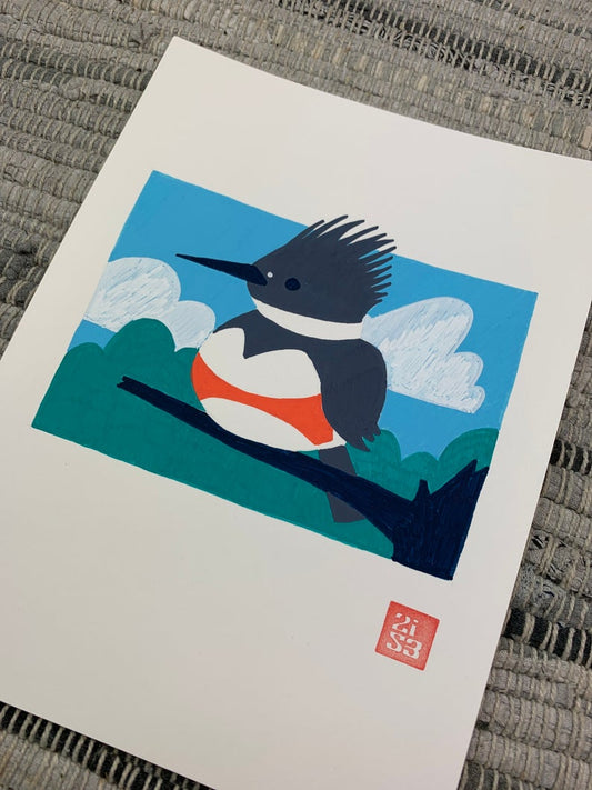 Original artwork of a cute Belted Kingfisher bird sitting on a branch.