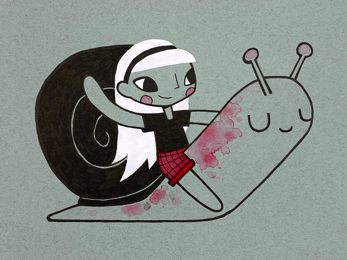 Original illustration of a girl waving while riding a smiling snail. Made using ink, watercolor, and gouache.