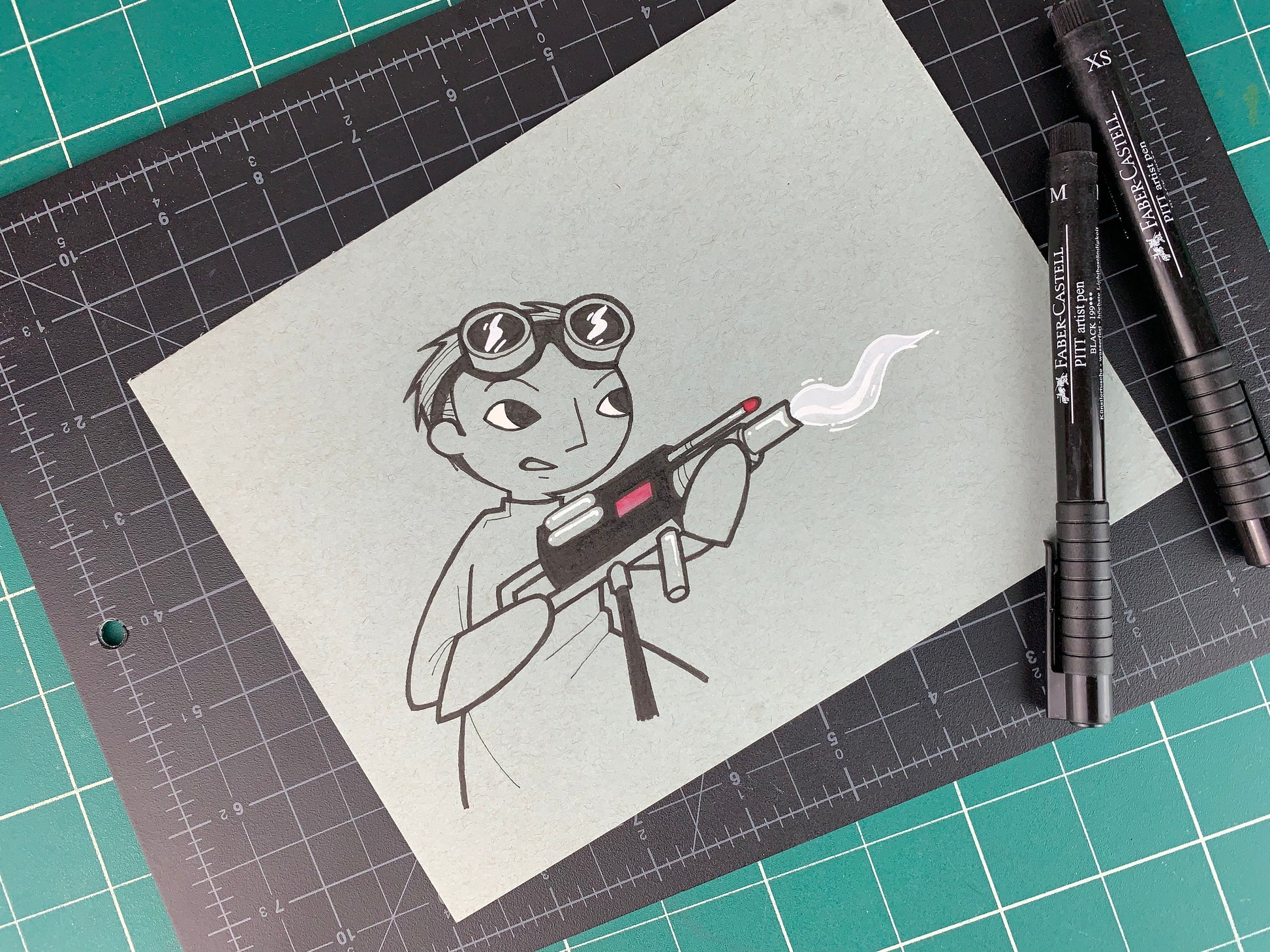 Studio shot of a fan art style illustration of Neil Patrick Harris as Dr. Horrible holding a freeze ray. Made using ink, watercolor, and gouache.