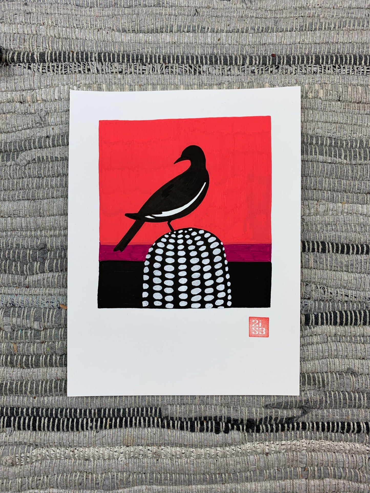 Original artwork of a silhouette of a white-winged dove sitting on a cactus barrel with an abstract geometrical background.
