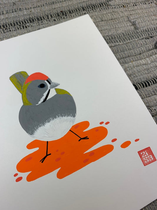 Original artwork of a green-tailed towhee with an orange head and abstract orange ground.