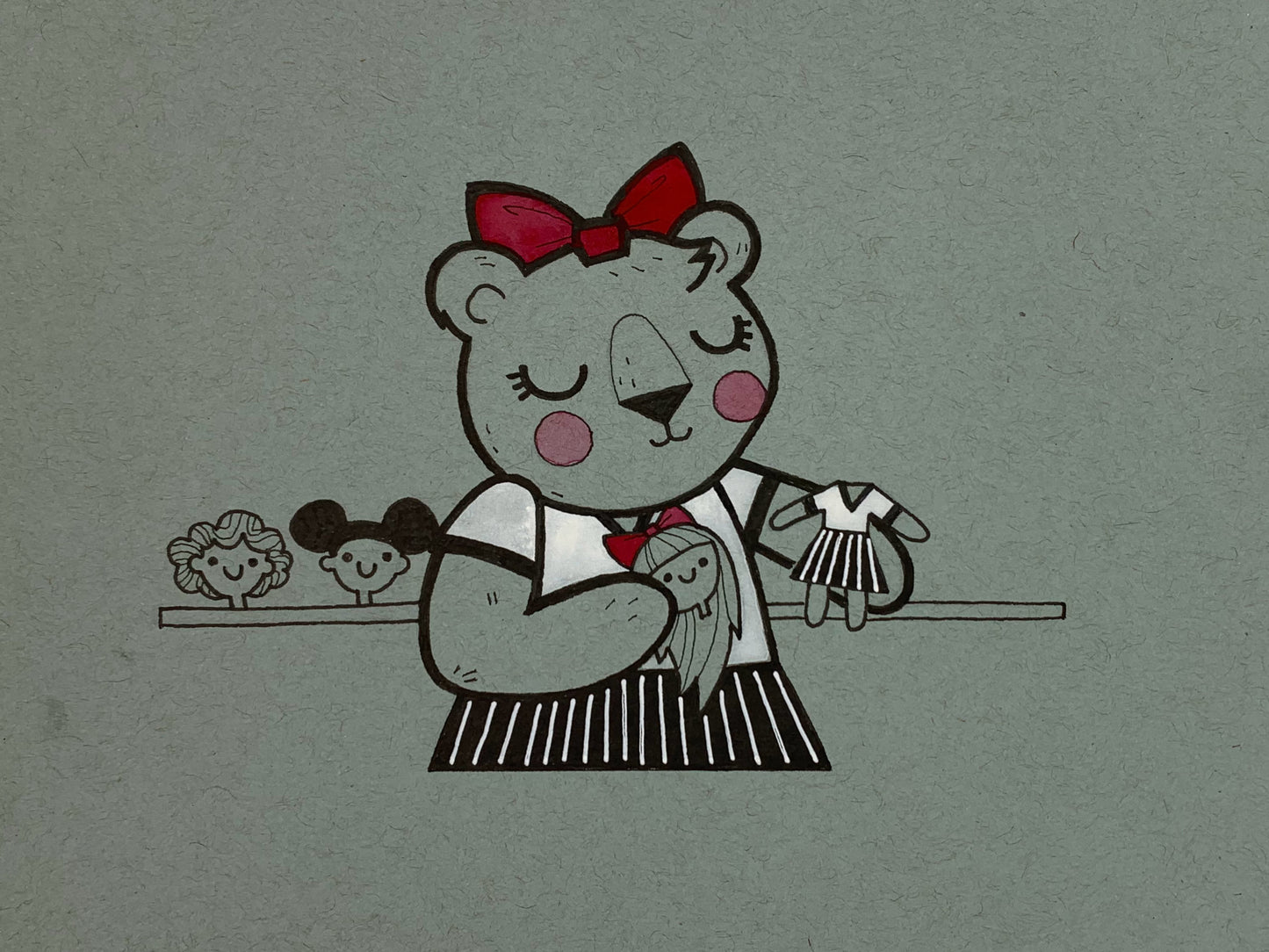 Original illustration of a teddy bear girl building a human doll for herself. Made using ink, watercolor, and gouache.