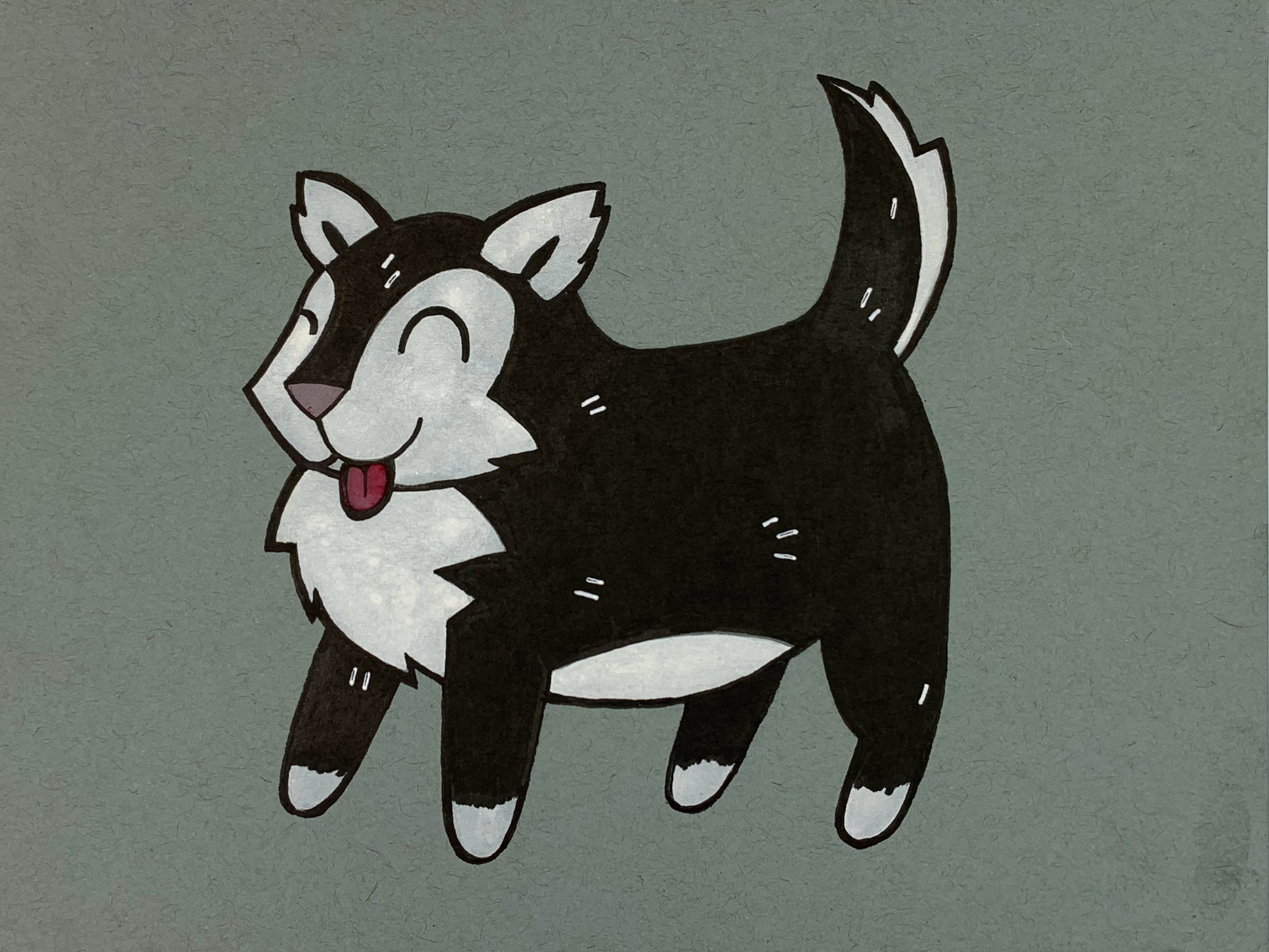 Original illustration of a chonky overweight fat husky. Made using ink, watercolor, and gouache.
