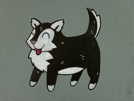 Original illustration of a chonky overweight fat husky. Made using ink, watercolor, and gouache.