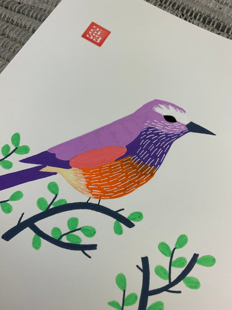 Original artwork of a colorful purple and orange bird from sub-Saharan Africa.