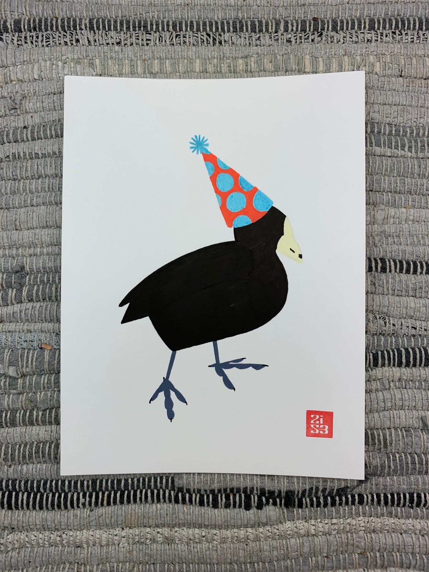 Original artwork of a black water bird, a coot, with a funny little birthday hat on.