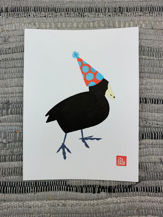 Original artwork of a black water bird, a coot, with a funny little birthday hat on.