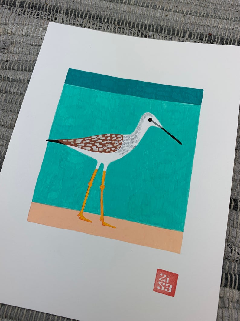 Original artwork of a shore bird with some long yellow legs.