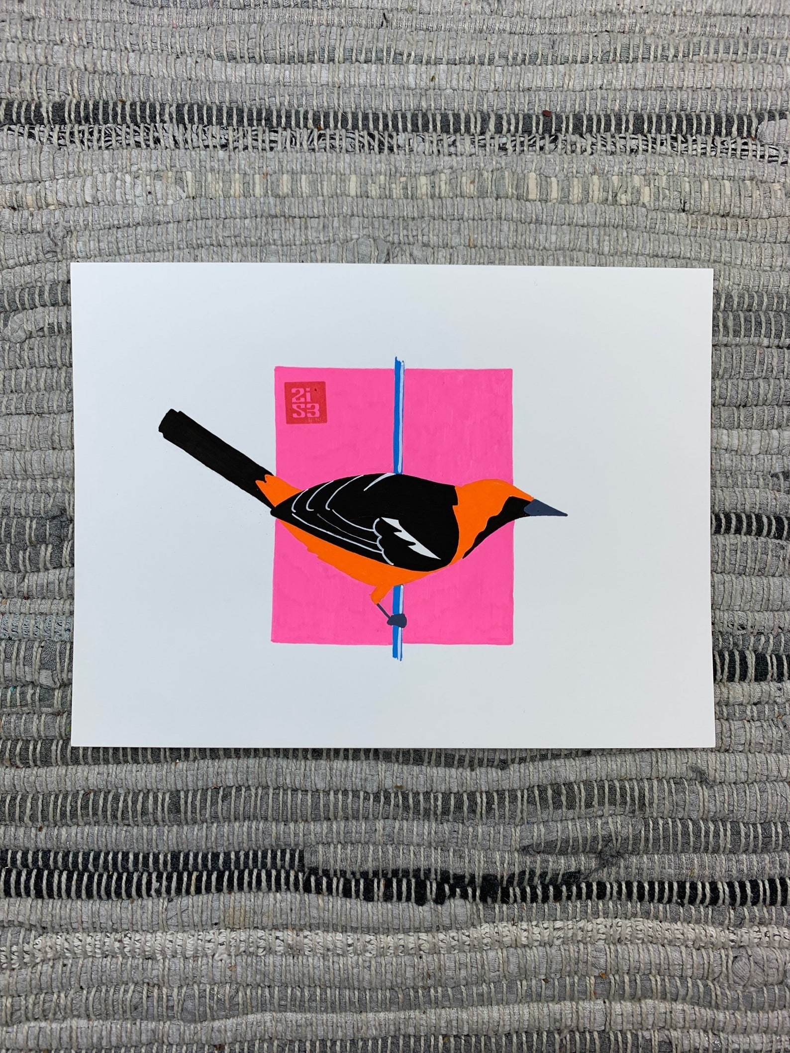 Original artwork of a orange bird standing on a vertical pole or wire.