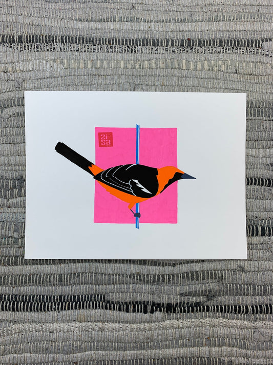 Original artwork of a orange bird standing on a vertical pole or wire.