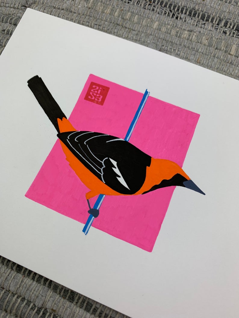 Original artwork of a orange bird standing on a vertical pole or wire.