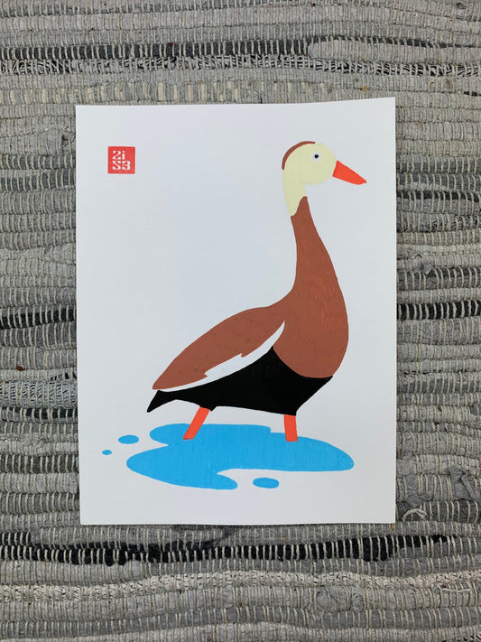 Original artwork of a brown duck with a cream colored head, orange beak, and orange legs wades through the shallow water.
