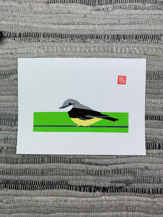 Original artwork of a Western Kingbird bird sitting on a wire, framed within a green rectangle.