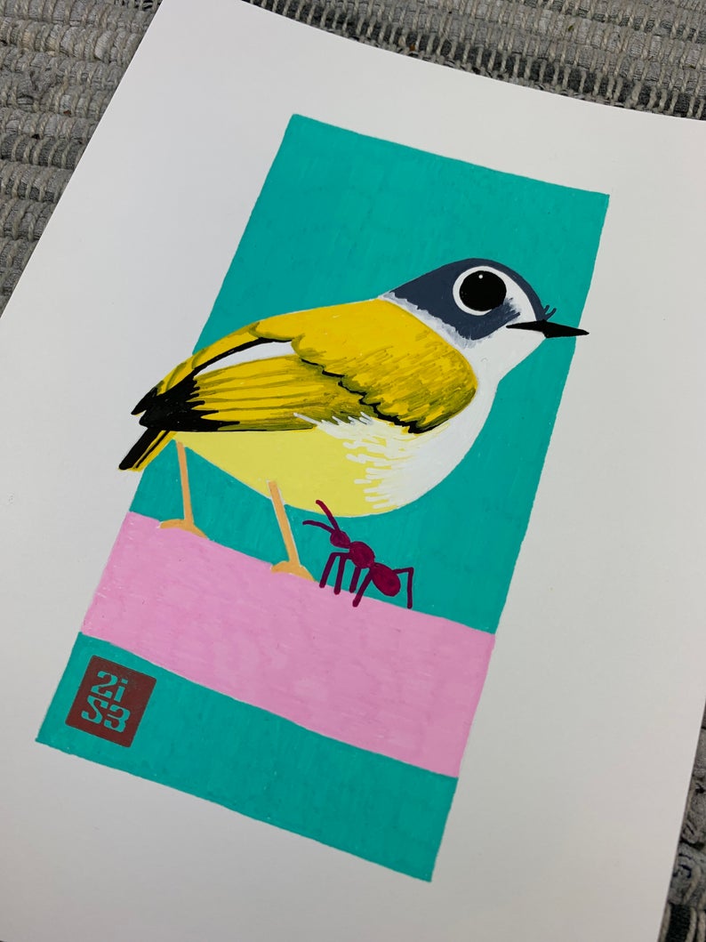 Original artwork of a bird with a funny name standing on a branch beside a red ant.