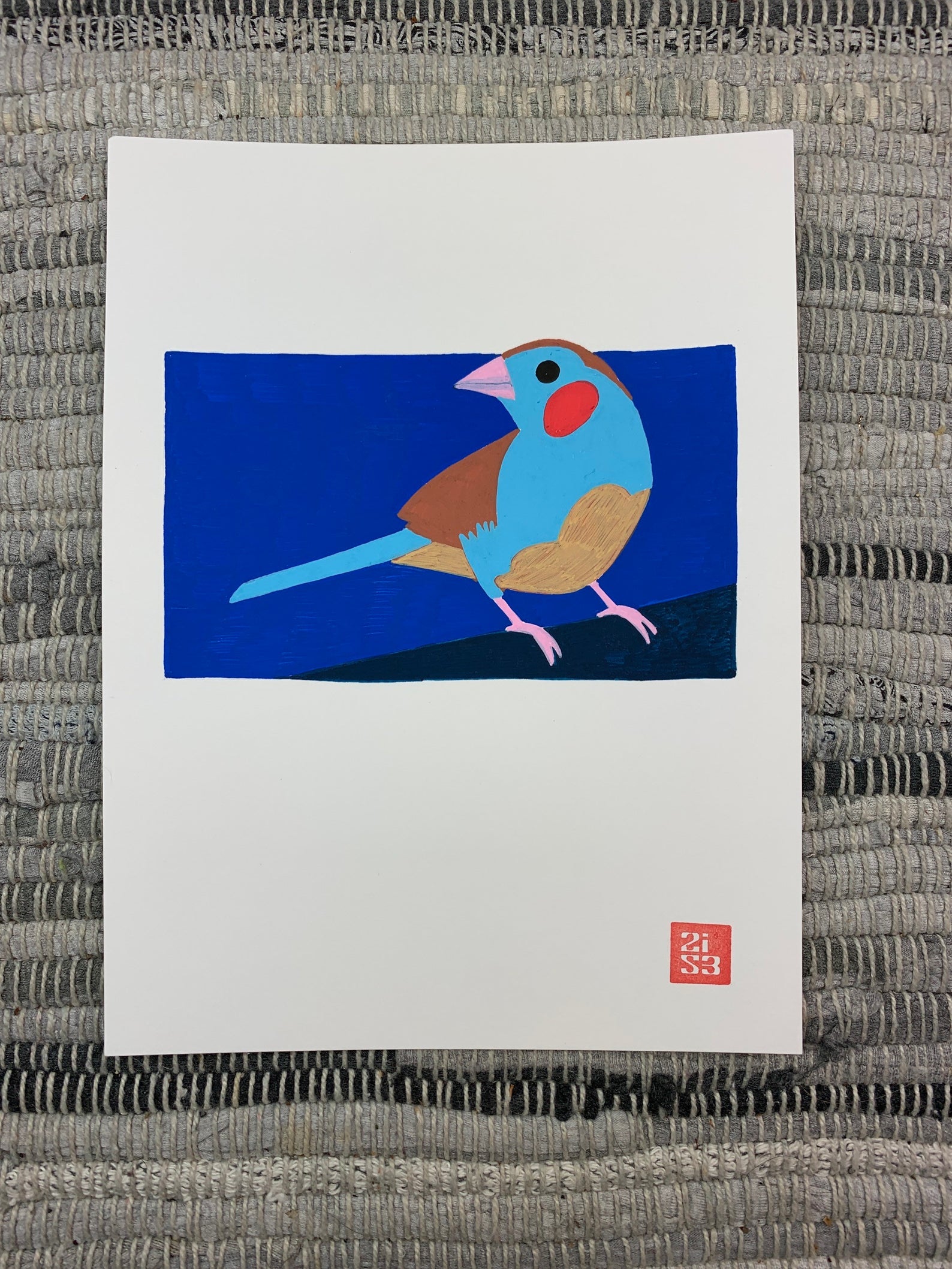 Original artwork of a bird with bright red cheeks seen in the San Diego Zoo.