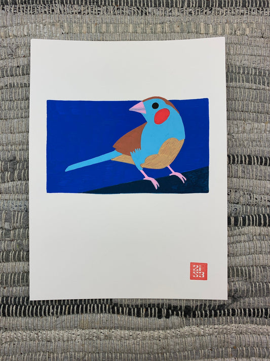 Original artwork of a bird with bright red cheeks seen in the San Diego Zoo.