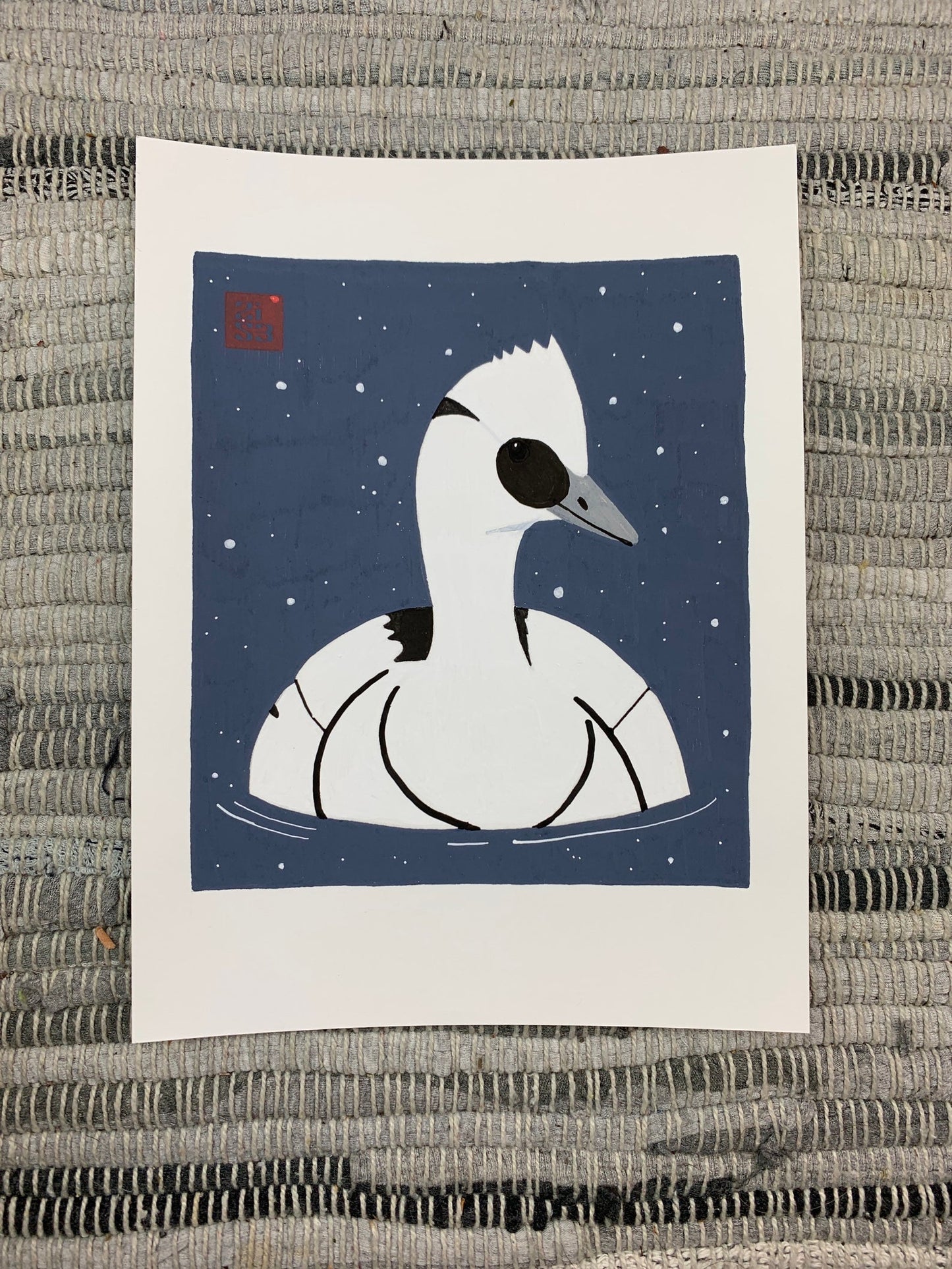 Original artwork of a Smew bird looking very similar to a Star Wars storm trooper.