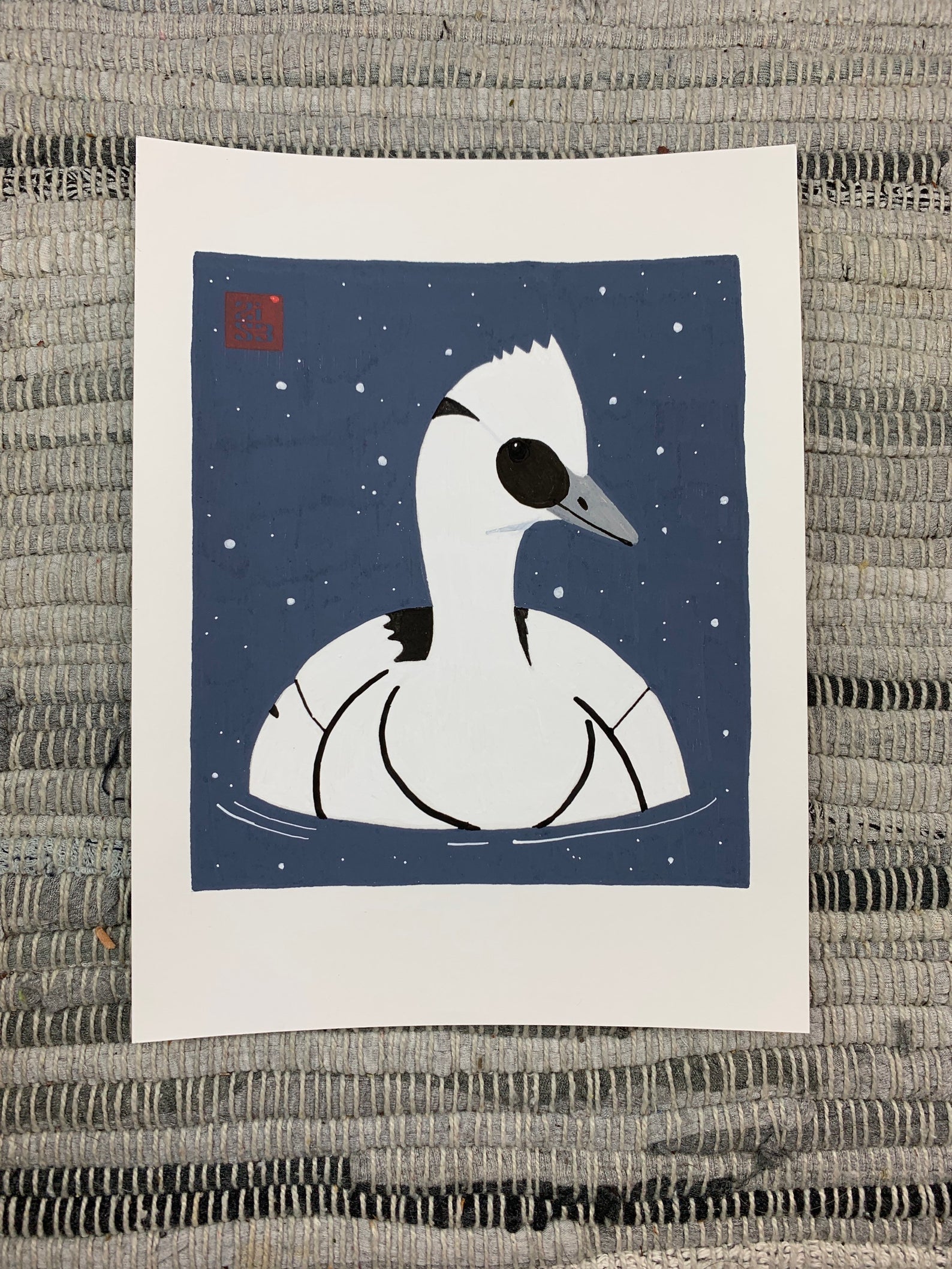 Original artwork of a Smew bird looking very similar to a Star Wars storm trooper.