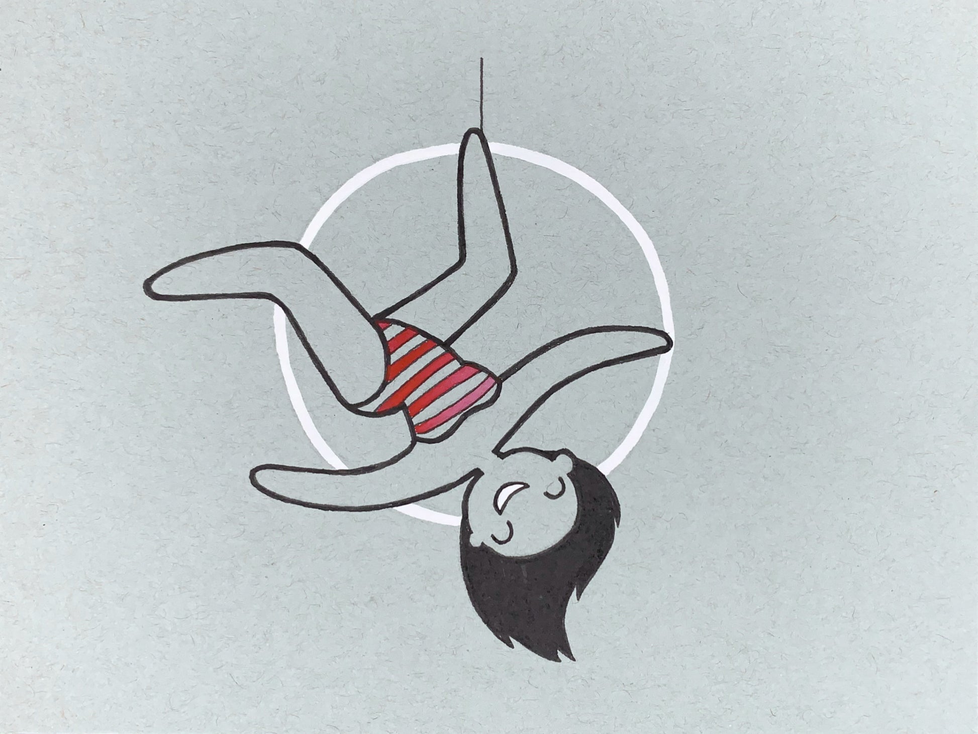 Original illustration of an acrobatic circus performer lady inside of an aerial hoop or aerial ring. Made using ink, watercolor, and gouache.