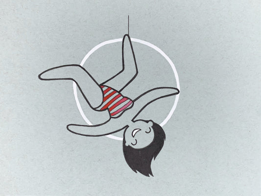 Original illustration of an acrobatic circus performer lady inside of an aerial hoop or aerial ring. Made using ink, watercolor, and gouache.